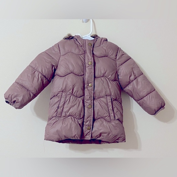 Old Navy Girls Light Pink/brown hooded Sherpa lined Puffer Jacket Size 3 Toddler - Picture 4 of 14